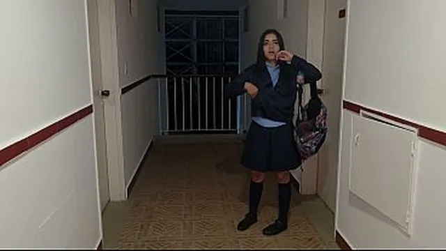 I find my neighbor in her school uniform outside her house