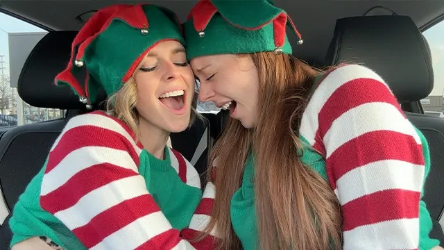 Nadia Foxx & Serenity Cox as Horny Elves cumming in drive thru with remote controlled vibrators /