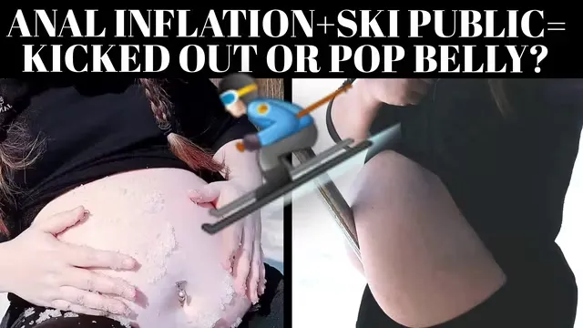 Anal belly inflation in a public ski resort. Pornstar skiing with inflated belly using secret balloon pump