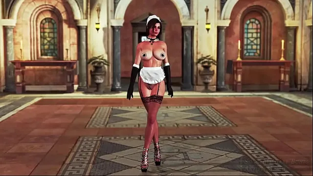 Sultry tonned Lara Croft in maid uniform welcomes guests at country villa